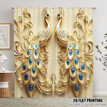 2 Packs 2D Flat Luxurious Golden Peacock Pattern Curtains For Living Room Curtains Window Treatment Sets For Bedroom, Office, Kitchen, Living Room, Study Beautiful Window Drapes For Living Room Bedroom Kitchen Decor, Rod Pocket Room Decor Curtains
