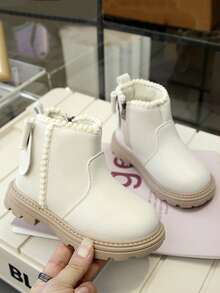 1 双时尚蝴蝶结侧拉链休闲婴儿踝靴，女童正装靴 - 米色 - 查看 1