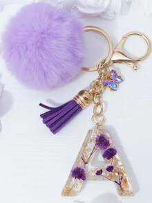 1pc Purple Starry Sky Dried Flower 26 Uppercase English Letter Resin Keychain, Bubble Fur Ball Glass Butterfly Tassel Decor, 18K Gold Lobster Clasp Design, Suitable For Bag Chain, Phone Strap, Gift For Friends, Mother, Christmas, Bag Charm, Car, Teacher, Sisters Gifts For Mother, Father, Graduation, And Teacher - Purple - View 20