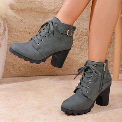 Elegant Rhinestone Decorated Women's Fashion Boots, Front Lace-Up, Side Zipper, Chunky Heel