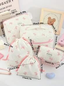 1Pc/Set Cute Pink Bow Pattern Makeup Bag Set With Zipper Portable Handheld Travel Toiletry Bag Soft Foam Quilted Handbag Floral Cosmetic Bag Portable Drawstring Bag Aesthetic Toiletry Travel Organizer Bag For Women And Girls Large Capacity Travel Vintage Makeup Bag Cute School Pencil Case Inner Bag Nail Polish Storage Bag - Multicolor - View 11