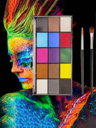 Kit di trucco a base d'acqua con 15 colori e 2 pennelli, adatto per festival arcobaleno, Ognissanti, Natale, feste, celebrazioni, raduni, spettacoli teatrali