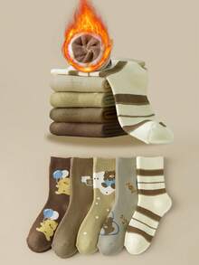 5 أزواج جوارب متوسطة الطول مصنوعة من خليط صوف ميرينو مخطط بشكل الدب الكرتوني السميك، للشتاء