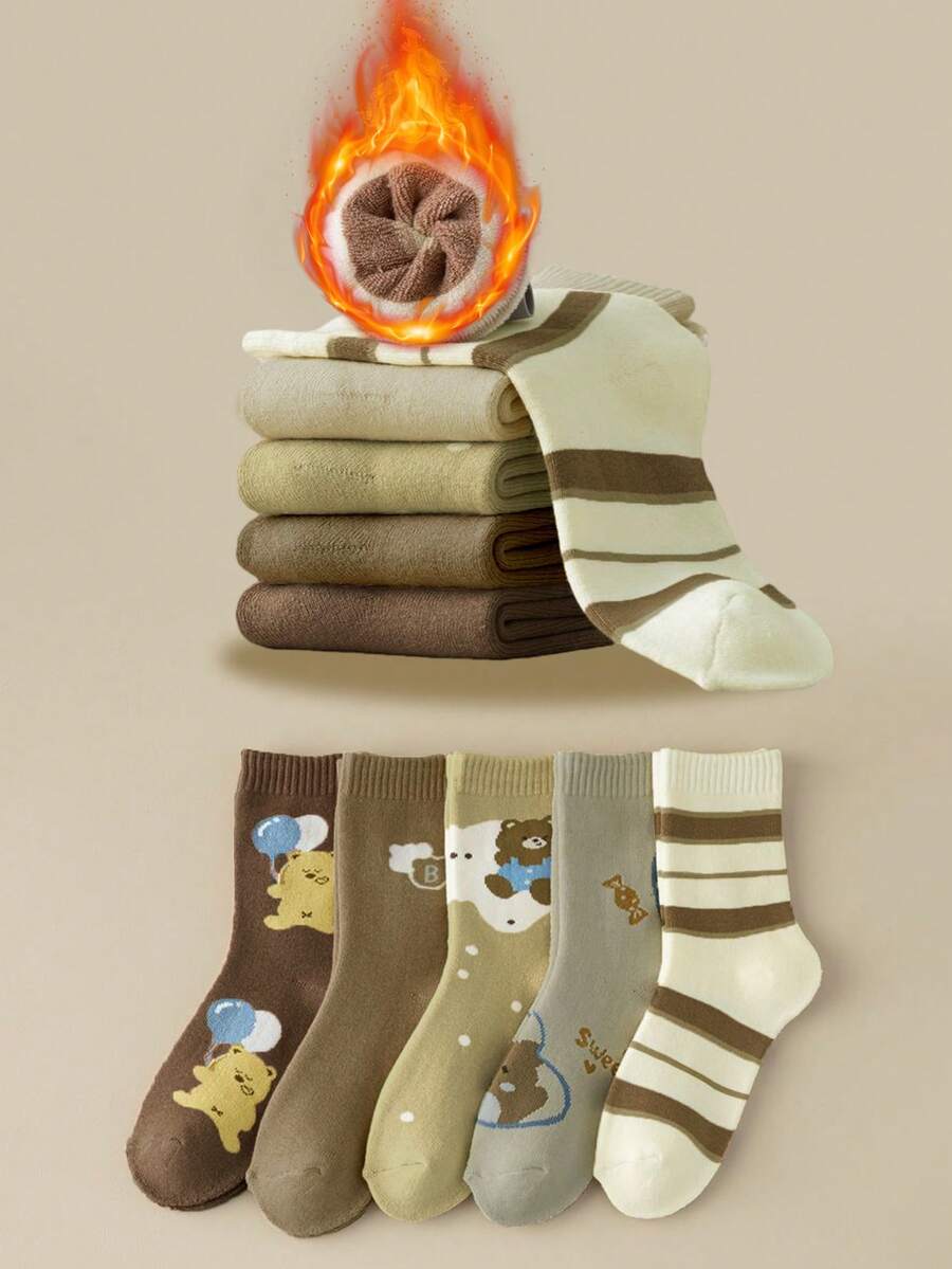 5 أزواج جوارب متوسطة الطول مصنوعة من خليط صوف ميرينو مخطط بشكل الدب الكرتوني السميك، للشتاء