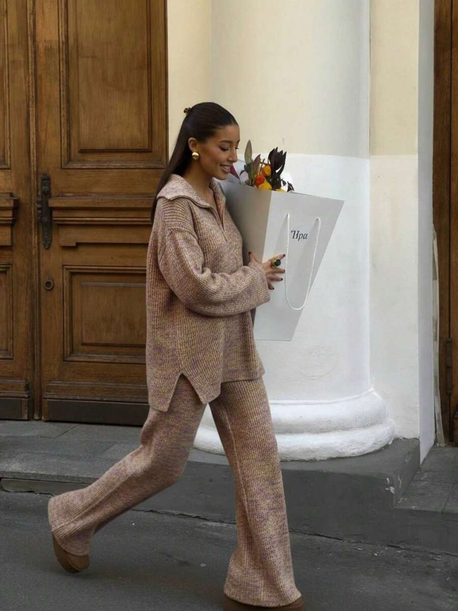 VIBEWAVE Women Casual Knit Suit, Loose Turndown Collar Half-Zip Long Sleeve Sweater And High Waist Wide Leg Pants 2 Pieces Set - Rust Brown - View 1