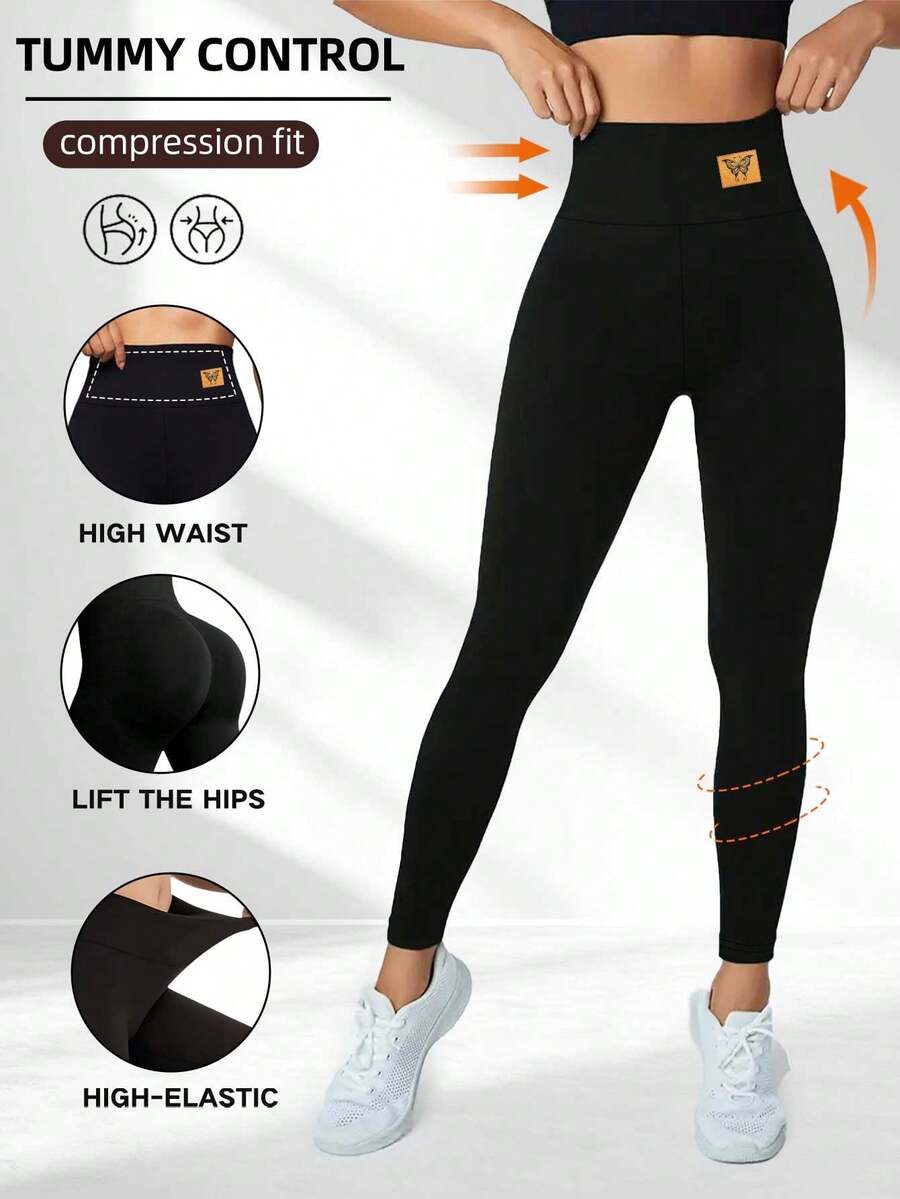 1pc Women's Solid Color High Waist Tummy Control Shapewear Leggings With Butterfly Logo, Stretchy Yoga Pants For Workout, Pilates, Outdoor Fitness, Casual Daily Wear