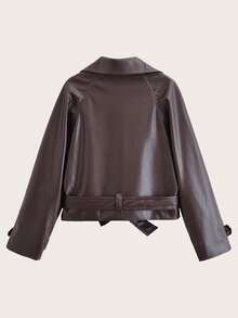 Solid Color Lapel Belt Short Faux Leather Windbreaker, Spring/Autumn - Brown - View 3