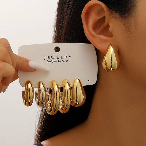 مجموعة 6 أقراط حلقية ذهبية اللون بتصميم هندسي كلاسيكي عتيق لامع، أقراط قطرة موضة للنساء