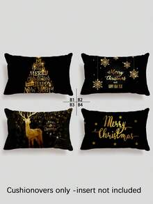 4 capas de almofadas decorativas de Natal, Papai Noel, boneco de neve, rena, árvore de Natal, estampa xadrez, zíper invisível, lavável, adequada para sala, decoração de sofá (sem enchimento de almofada) - Preto - Ver 14