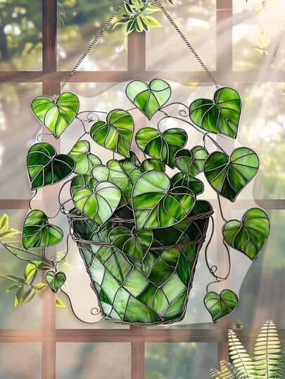 2D Acrylic Printed Colorful Glass Green Leaf Wall Decor, Heart-Shaped Plant Wall Hanging - The Perfect Gift For Plant Lovers, Indoor/Outdoor Garden Decoration, Ideal For Home, Office, Porch, Romantic Occasions And Birthday, Home Goods, Craft Supplies