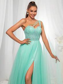 VIPGIRL A字型单肩薄纱连衣裙，高开衩设计 - 女士长款串珠正式晚礼服 - 青碧色 - 查看 5