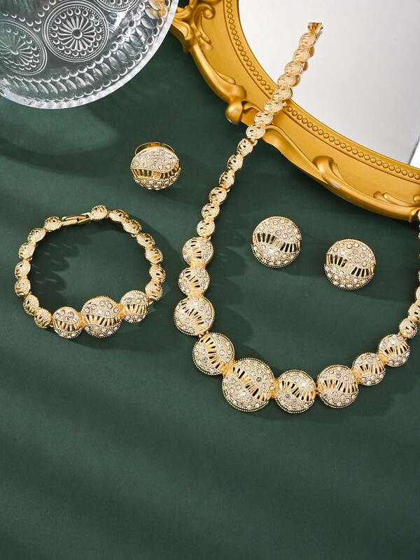 5pcs/Set Minimalist Party Jewelry Set, Circular Bicolor Threaded Necklace, Bracelet, Ring, Earrings For Women