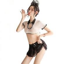 Sexy Lingerie Sexy Split See-Through Cute Maid Maid Uniform Short Skirt Uniform Set - 圖片顏色+黑絲襪 - 查看 4
