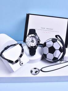 4 件套男孩圣诞礼物生日礼物：带 LED 灯的软硅胶表带运动手表、石英腕表、足球零钱包、耳机收纳盒、吊坠项链和手链套装 - 黑色 - 查看 4