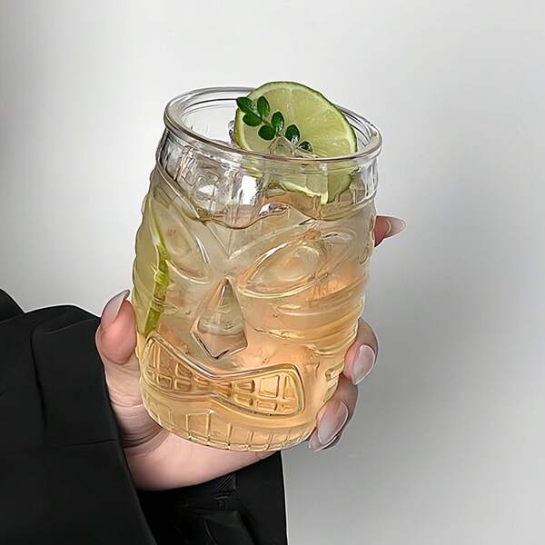 Polynesian Totem Mask Tiki Cup, Hawaiian Style Colada Cup, Strengthened Lead-Free Glass, High Transparency, Suitable For Coffee, Cold Drinks, Juice, Sparkling Water, Daily Use, Home, Restaurant, Gathering, Party, Great Gift For Holidays