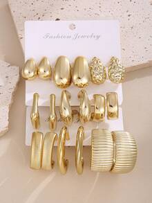 18-6pcs Punk CCB Water Drop Dangle Earrings, Asymmetrical Print C-Shape & Twisted Hoop Earrings Set, Exquisite Daily Wear Holiday Gift - Gold - View 4