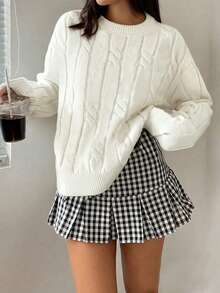 1件青少年女孩休闲纯色扭绳设计户外圣诞氛围套头衫保暖加厚针织毛衣，秋冬季 - 白色 - 查看 4