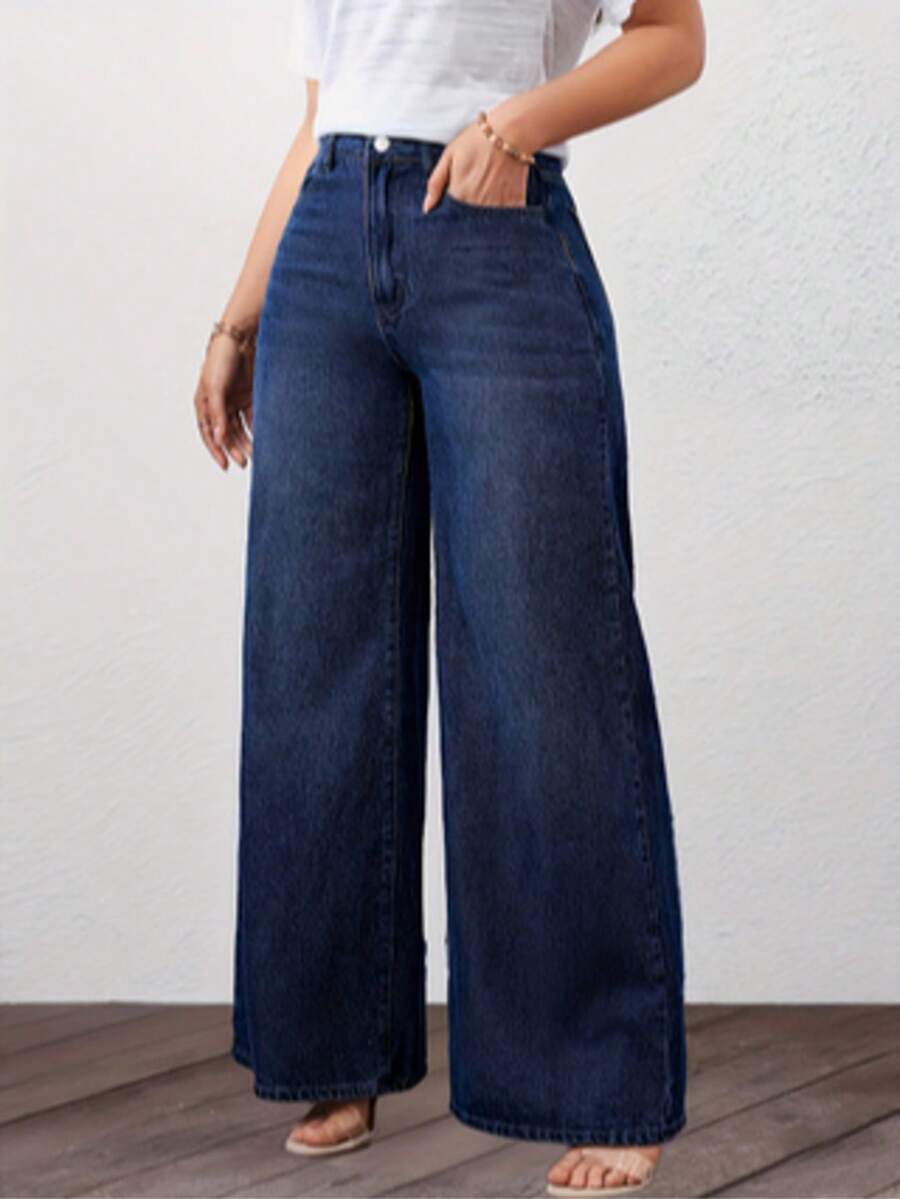 Women's Jeans Casual High Elasticity Loose Wide Leg Design With Zipper Button Pocket, All Season Daily Long Style - Rửa tối - Xem 1