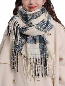 1pc Women's Autumn/Winter New Faux Cashmere Scarf, Thick Neck Warmer Dual-Use Lazy Street Style Plaid Scarf With Tassels, Mohair Circular Scarf, Soft & Warm, Fashionable Scarf Suitable For Travel And Daily Use, Gift