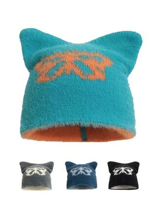 1顶男士新款可爱街头五角星刺绣毛绒帽，带猫耳，保暖护耳针织帽，秋季款