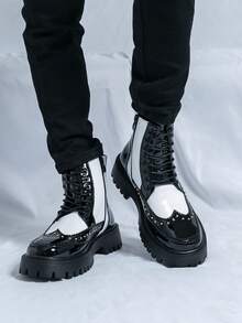 Chelsea Boots Men High-Top Leather Shoes Korean Version British Short Boots Hairstylist Leather Boots Black White Motorcycle Boots Business Formal Shoes Men's Fashion Leather Shoes British Pointed Toe Plus Size Groom Oxford Shoes Luxury Designer Thick Sole Boots Winter Boots Outdoor Gentleman High-Top Shoes - Black and White - View 8