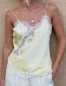 Women Satin Lace Camisole Top Sleeveless Spaghetti Strap Silk Lace Trim Cami Top Asymmetrical Tank Top Streewear - 黃色 - 查看 5