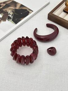 1pc/3pcs Set Vintage Geometric Resin Beaded Elastic Bracelet, Minimalist Punk Cuff Bangle, Charming Jewelry For Women Daily Wear - Burgundy - View 16