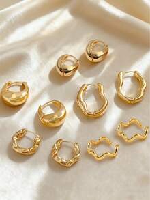 Fashionable Minimalist Asymmetrical Geometric Water Drop, Oval, Round Wave Pattern Golden Stud Earrings For Women, Suitable For Daily Wear, Holiday Gift For Christmas, Halloween