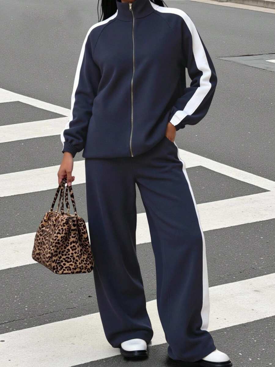 2 pièces Ensemble de sweat-shirt à capuche zippé de couleur unie, convient pour les sports, la plage, le bureau, la maison, la rue, l'automne/l'hiver, la remise des diplômes, la rentrée scolaire, les femmes enseignantes, la saison de la rentrée scolaire, sweat-shirt à capuche zippé pour femmes, sweat-shirt à capuche zippé, vêtements d'automne pour femmes, vêtements d'hiver pour femmes - bleu indigo - Voir 1