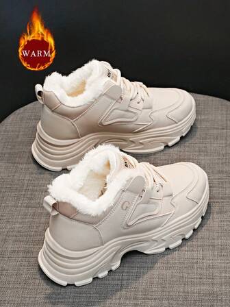 1 par damstövlar med tjock sula, varmt foder, lämpliga för utomhusbruk, avslappnad studentstil, plattform, ökar höjden