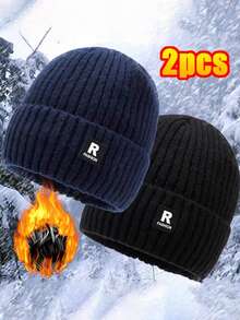 2 piezas Gorro de punto térmico forrado para hombre en invierno, gorro de punto a prueba de frío para ciclismo al aire libre con gran circunferencia de cabeza, gorro de esquí para ropa de invierno para hombres