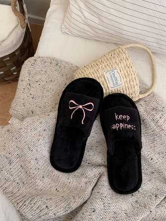 XIXITIAO 1 双字母蝴蝶结刺绣平底拖鞋，少女风格，百搭秋冬室内休闲装，女士软底字母拖鞋，甜美蝴蝶结图案包头一脚蹬拖鞋，室内防滑家居鞋