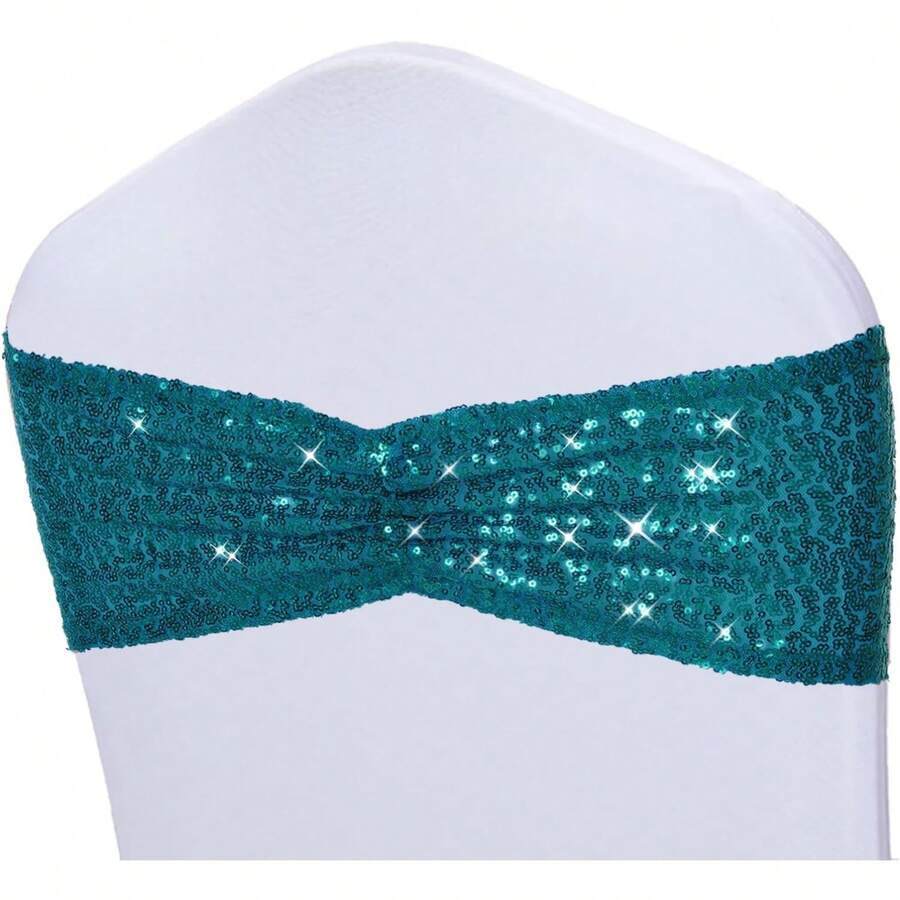 Gold Sequin Chair Sashes With Bow For Folding Chairs, Party Wedding Reception Decorations, 20 PCS - Teal - View 1