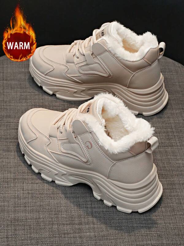 1 Pair Women's Casual Thermal Lined Chunky Sneakers, Round Toe Lace-Up Outdoor Winter Leather Shoes