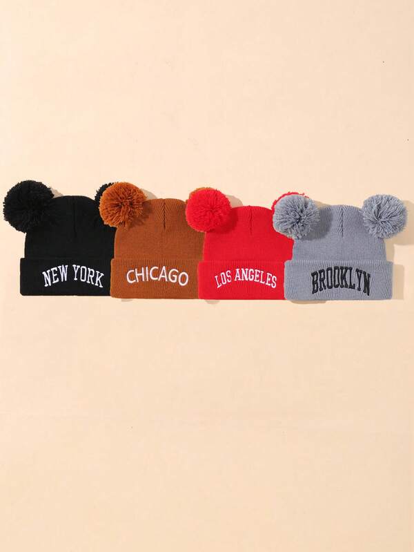 Conjunto de 4 gorros de tricô para bebês, meninas e meninos, Nova York, Los Angeles, Brooklyn e Chicago. Gorros de tricô bordados e modernos em acrílico, adequados para o dia a dia.