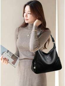 حقيبة يد جلدية ناعمة ذات لون أحادي عصرية، حقيبة كتف متعددة الاستخدامات عالية الجودة، حقيبة يد كبيرة السعة للنساء