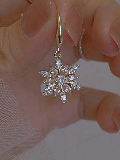1 Pair Fashion Snowflake Glass Rhinestone Earrings, Pink Glass Micro-Inlaid Elegant Earrings