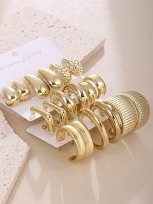 18-6pcs Punk CCB Water Drop Dangle Earrings, Asymmetrical Print C-Shape & Twisted Hoop Earrings Set, Exquisite Daily Wear Holiday Gift - Gold - View 5