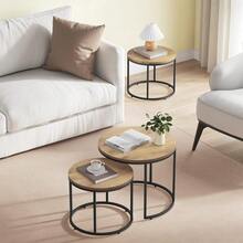 Home Collective Couchtisch 2er Set Rund Beistelltisch Loft Design 2 in 1 Verschachtelung Kratzfeste Oberfläche, Wohnzimmer| 53cm und 43cm Breit Eiche mit schwarzen Beinen