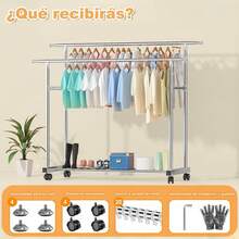 Tendederos de Ropa Longitud Ajustable,Tendederos Retractiles Exterior de Acero Inoxidable,para Interior y Exterior,con 20 Ganchos a Prueba de Viento (95-150cm-Extensible-polos Dobles) - 95-150cm-Extensible-polos dobles - Ver 1