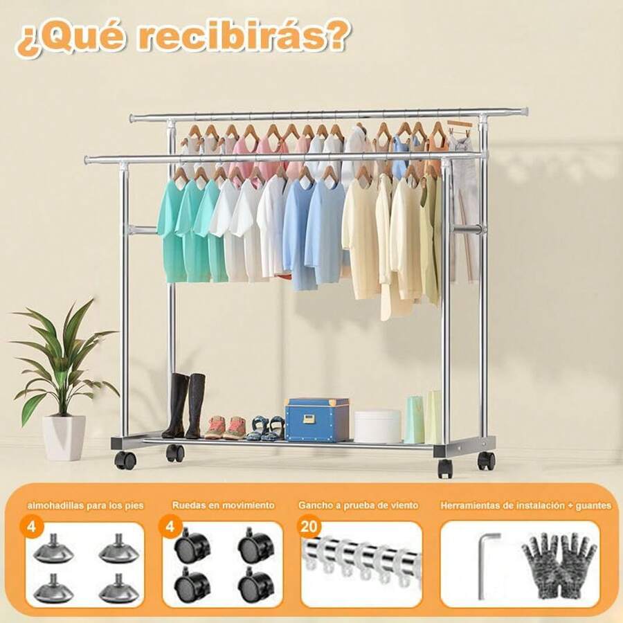 Tendederos de Ropa Longitud Ajustable,Tendederos Retractiles Exterior de Acero Inoxidable,para Interior y Exterior,con 20 Ganchos a Prueba de Viento (95-150cm-Extensible-polos Dobles) - 95-150cm-Extensible-polos dobles - Ver 1