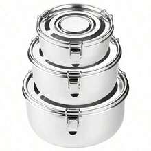 Conjunto de 3 Recipientes de Armazenamento de Alimentos em Aço Inoxidável à Prova de Odor, Utensílios Ideais para Presente com Tampa para Armazenar Sobras - Prata - Visão 1