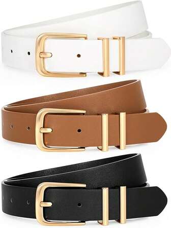 3 Packs Men Women Belts For Jeans Dresses Pants Ladies Leather Waist Belt With Gold Buckle