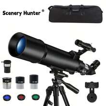 Profesjonalny teleskop refrakcyjny o aperturze 80 mm i ogniskowej 600 mm z powiększeniem 24X–750X, wytrzymały, regulowany statyw i adapter do smartfona – soczewka Barlowa 5X i wymienne okulary, ręczne ustawianie ostrości, odpowiedni dla dorosłych i początkujących, idealny do astronomii i obserwacji ptaków, kompatybilny ze smartfonami, zawiera uchwyt do aparatu