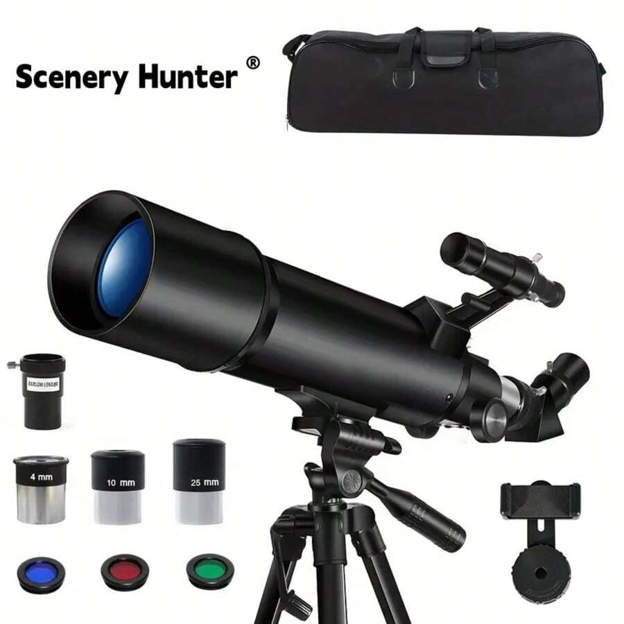 Profesjonalny teleskop refrakcyjny o aperturze 80 mm i ogniskowej 600 mm z powiększeniem 24X–750X, wytrzymały, regulowany statyw i adapter do smartfona – soczewka Barlowa 5X i wymienne okulary, ręczne ustawianie ostrości, odpowiedni dla dorosłych i początkujących, idealny do astronomii i obserwacji ptaków, kompatybilny ze smartfonami, zawiera uchwyt do aparatu