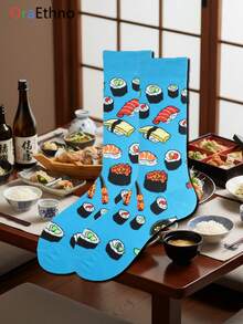 1/2/3 Pairs Crew Socks With Japanese Cuisine Sushi Food Blue Design, Comfortable Breathable Moisture-Wicking, Interesting Novelty Personalized - Multicolor - View 5