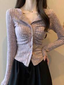 女士修身不对称褶皱领短款针织开衫、分层上衣