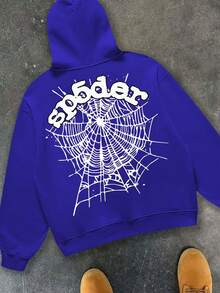 Hoodie With Playful Spider - Web Graphic And Spider! Slogan Men's Hoodies, Printed Hoodies, Unisex Hoodies And Casual Hooded Sweatshirts. Featuring A Casual Style Design And Comfortable Fit - Simply Fantastic! Spider Hoodie Fashion Y2k, Retro, Vintage, Holiday Gift, Boyfriend, Girlfriend, Couple Style - 寶藍色 - 查看 2