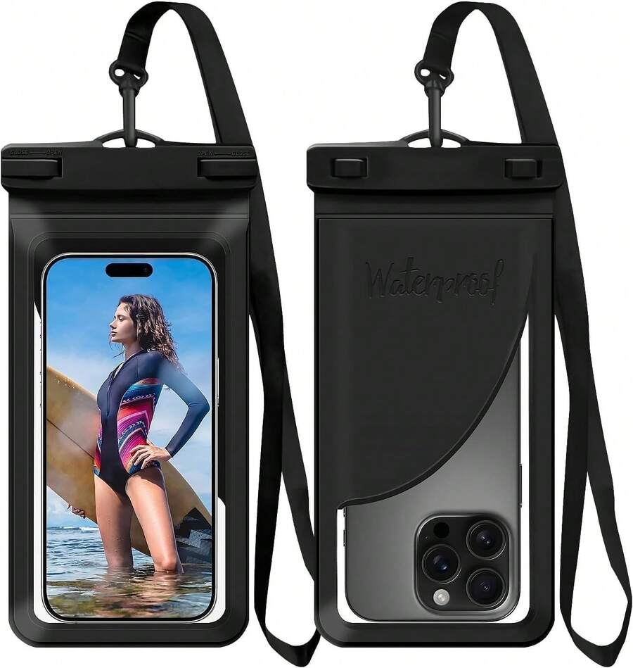 Funda Impermeable para Teléfono, con Bolsillo Interior para Tarjetas, Funda Impermeable para 17 16 15 14 Pro, Bolsa Seca Ligera IPX8 para Celular, Esenciales para Cruceros en la Playa, 1 Paquete-Negro-8.3″ - A1-Amarillo+Negro- Paquete de 2 - Ver 1