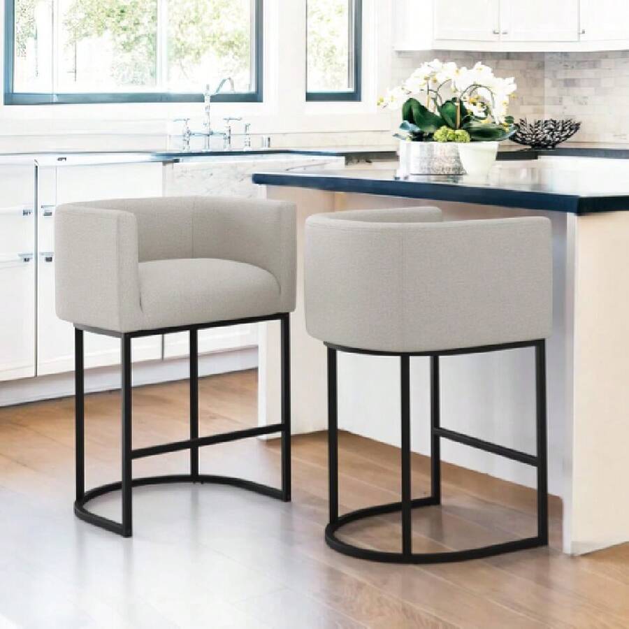 27" H Counter Height Bar Stools Set Of 2, Modern Barrel Counter Stools With Backrest And Arms, Black Metal Frames, Linen Fabric Upholstered Accent Barstools For Kitchen Island, Gray,24312895 - Màu xanh Ô liu - Xem 1